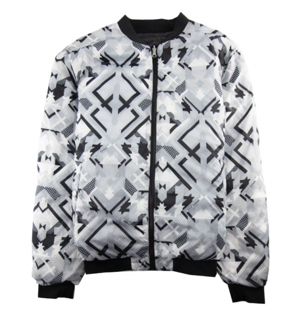Jaket Bomber Monokrom dengan Pola Geometris